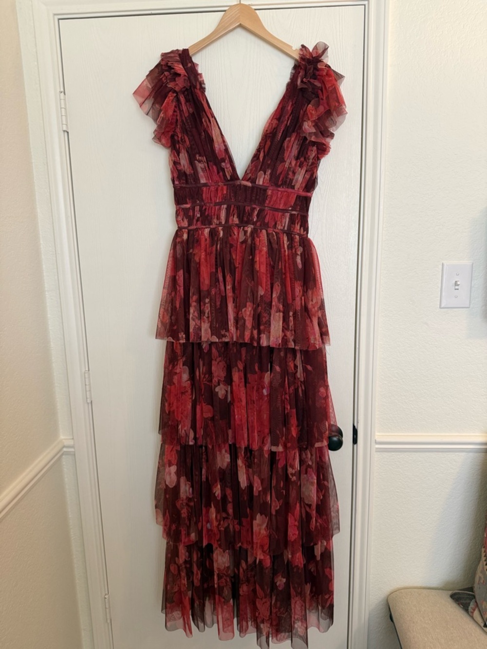 ASOS Lace & Beads Ruffle Shoulder Tiered Maxi Dress in Deep Rose US 8 - Picture 6 of 15